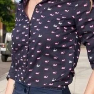 Vintage Merona Navy Button-Down Shirt with Pink Whale Novelty Print Size XL